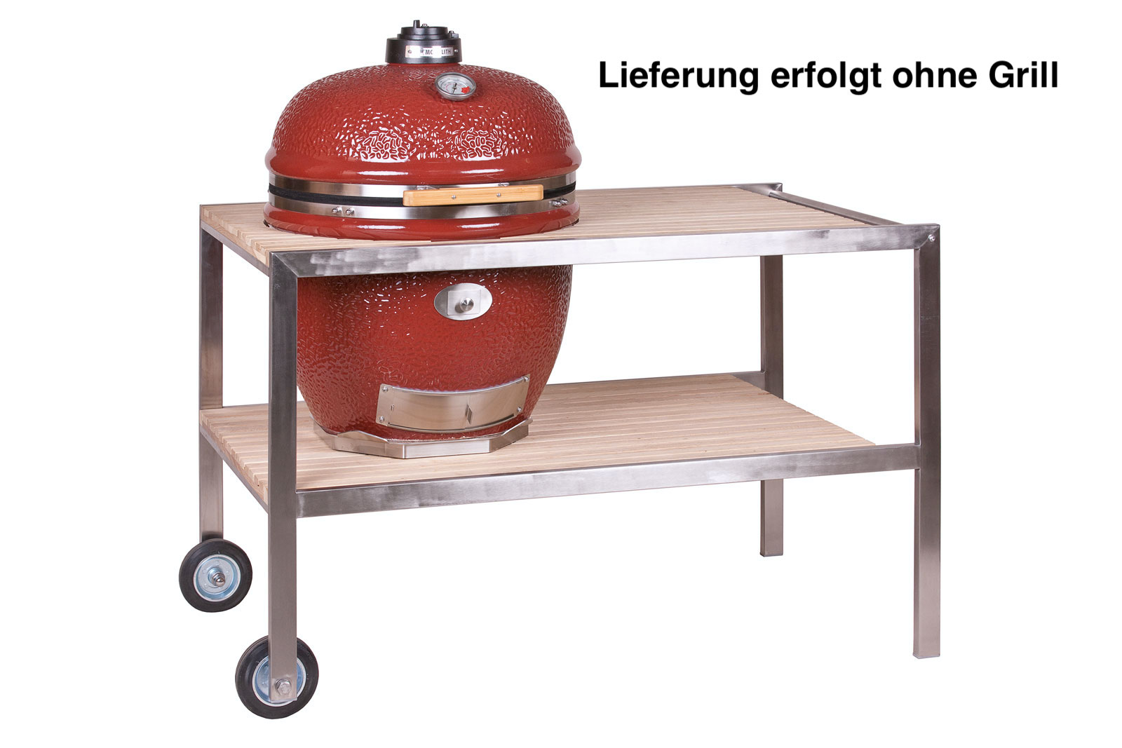 Monolith Tisch aus Edelstahl & Teak .66 (LeCHEF) fahrbar inklusive Rollen 201003-L